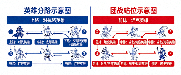 王者荣耀战术分析图：英雄分路与团战站位示意图