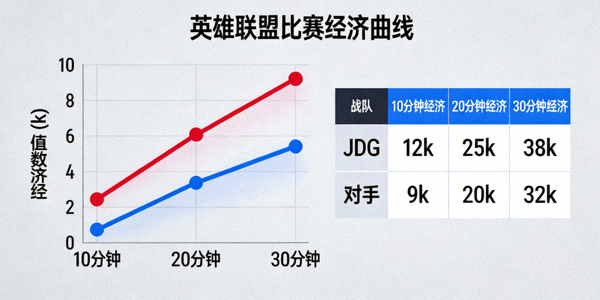 英雄联盟比赛经济曲线与数据统计图表，显示JDG战队经济领先